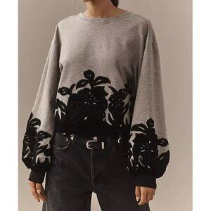 Anthropologie Velvet Embroidered Floral Applique Sweatshirt Top Grey S